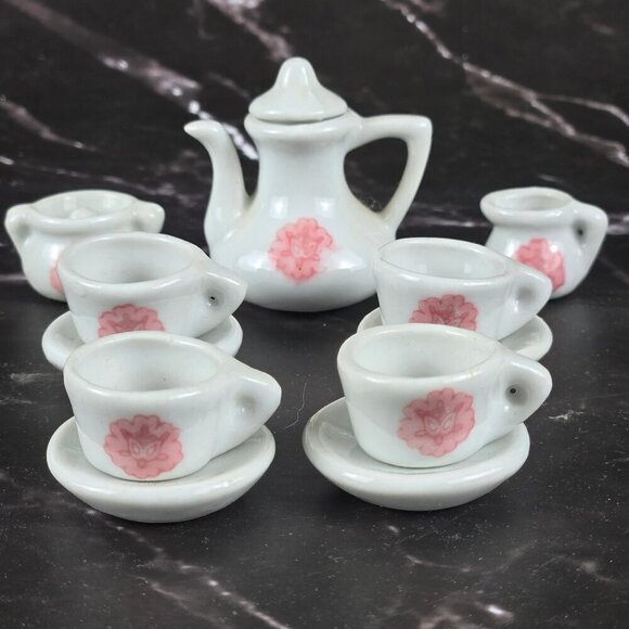 Porcelain Miniature Tea Set White Pink 21 Pieces Display Only Not a Toy - Picture 9 of 12
